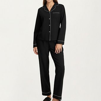 Women's Long Sleeve Pajama Set with Soft Notched Collar Button Front Top and Relaxed Straight Pants