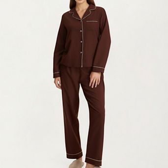 Women's Long Sleeve Pajama Set with Soft Notched Collar Button Front Top and Relaxed Straight Pants