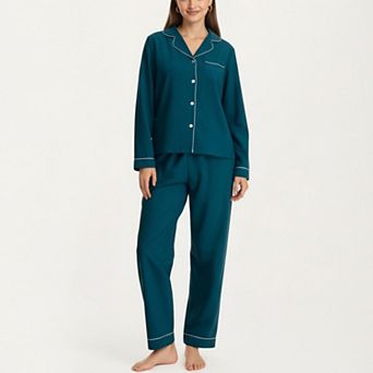 Women's Long Sleeve Pajama Set with Soft Notched Collar Button Front Top and Relaxed Straight Pants