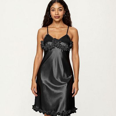 knee length dresses for ladies Floral Printed Satin Midi Slip Dress In Black Multi main image 1