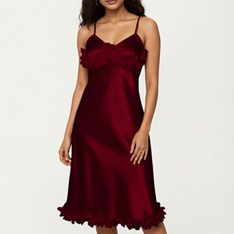 Women's Satin Midi Slip Dress with 3D Floral Trim Bodice and Ruffled Hem Detail