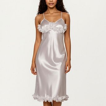 Women's Satin Midi Slip Dress with 3D Floral Trim Bodice and Ruffled Hem Detail