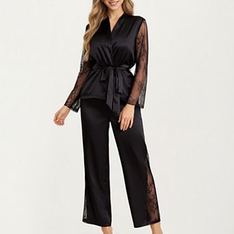 Women's Satin Pajama Set with Lace Sleeve Detail and Matching Tie-Waist Top and Straight-Leg Pants
