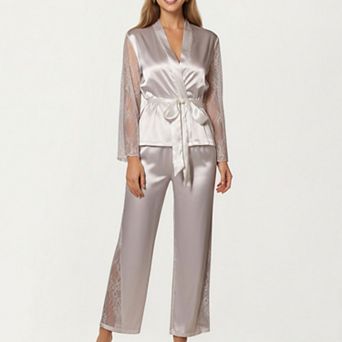 Women's Satin Pajama Set with Lace Sleeve Detail and Matching Tie-Waist Top and Straight-Leg Pants