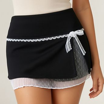 Women's Lace-Trim Wrap Athletic Skort with Built-In Shorts and Layered Mesh Detail
