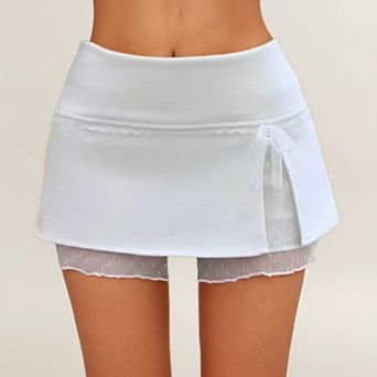 Women's Lace-Trim Wrap Athletic Skort with Built-In Shorts and Layered Mesh Detail