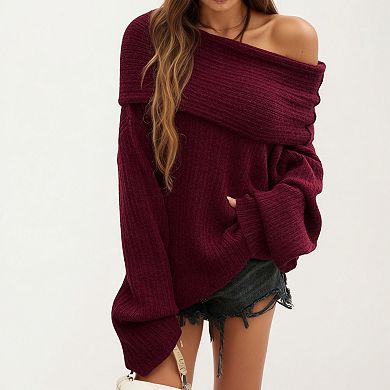 Women's Off-Shoulder Ribbed Knit Sweater Top with Foldover Neckline and Soft Relaxed Fit