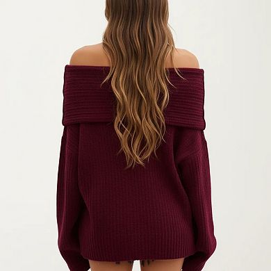 Women's Off-Shoulder Ribbed Knit Sweater Top with Foldover Neckline and Soft Relaxed Fit