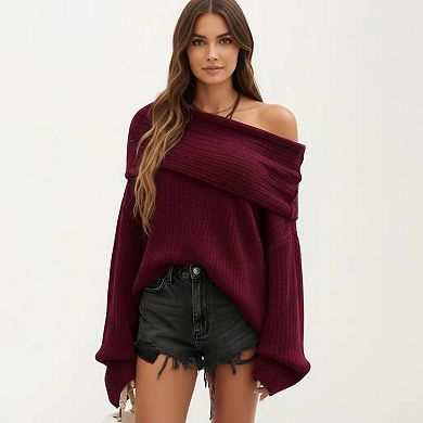 Women's Off-Shoulder Ribbed Knit Sweater Top with Foldover Neckline and Soft Relaxed Fit