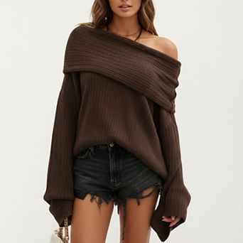 Women's Off-Shoulder Ribbed Knit Sweater Top with Foldover Neckline and Soft Relaxed Fit