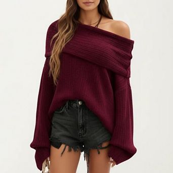 Women's Off-Shoulder Ribbed Knit Sweater Top with Foldover Neckline and Soft Relaxed Fit