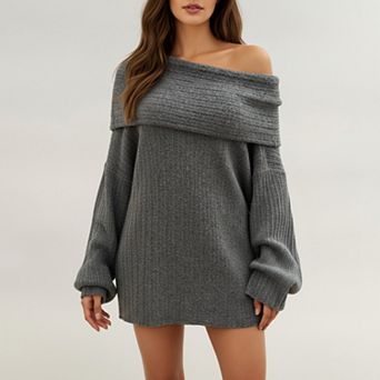 Women's Off-Shoulder Ribbed Knit Sweater Top with Foldover Neckline and Soft Relaxed Fit