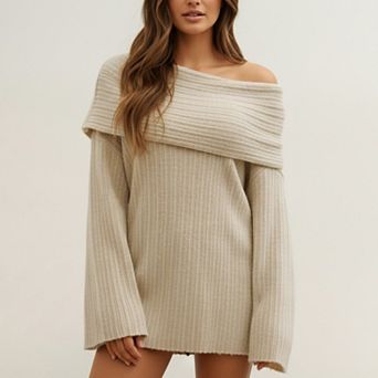 Women's Off-Shoulder Ribbed Knit Sweater Top with Foldover Neckline and Soft Relaxed Fit