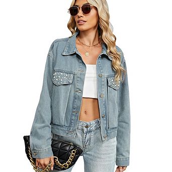 PrettyPetal Women's Vintage Washed Rhinestone Denim Jacket Short Slim Fit Street Style Top