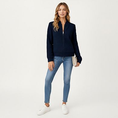 Women's Textured Knit Zip Front Jacket with Soft Structured Shape and Ribbed Edges