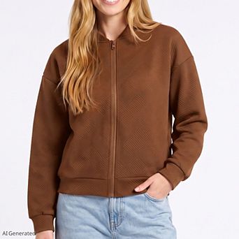 Women's Textured Knit Zip Front Jacket with Soft Structured Shape and Ribbed Edges