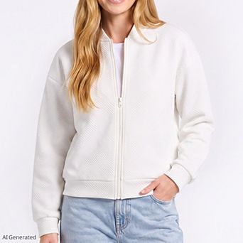 Women's Textured Knit Zip Front Jacket with Soft Structured Shape and Ribbed Edges