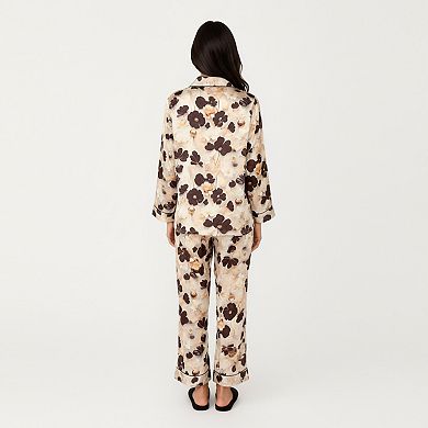 Women's 2-Piece Set Floral Satin Button Front Pajama Top and Elastic Waist Pants