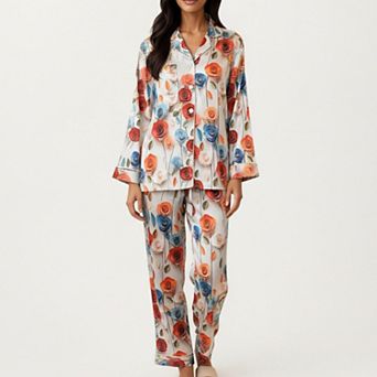Women's 2 pc Set Floral Satin Button Front Pajama Top and Elastic Waist Pants