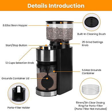 Electric Conical Burr Coffee Grinder with 25 Settings, 12-Cup Capacity for Drip, Espresso & More