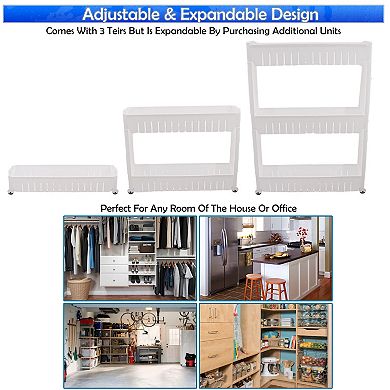 Slim 3-Tier Rolling Storage Cart - White w/ Expandable, Anti-Scratch Wheels for Narrow Spaces