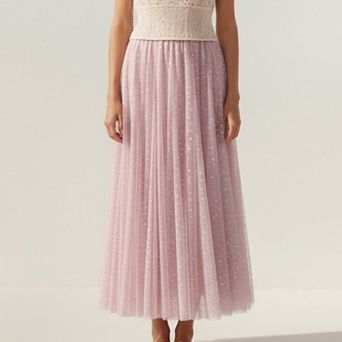 Women's Sparkle Tulle Midi Skirt with Soft Flowing Mesh Layers Comfortable Elastic Waist