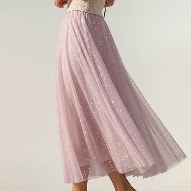 Women's Sparkle Tulle Midi Skirt with Soft Flowing Mesh Layers Comfortable Elastic Waist
