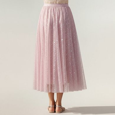 Women's Sparkle Tulle Midi Skirt with Soft Flowing Mesh Layers Comfortable Elastic Waist
