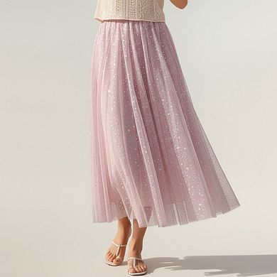 Women's Sparkle Tulle Midi Skirt with Soft Flowing Mesh Layers Comfortable Elastic Waist