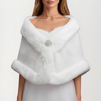 Women's Faux Fur Trim Wrap Shawl with Plush Textured Finish Sparkling Brooch Closure