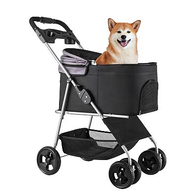 Pet Stroller 35 LB Foldable Dog Stroller 4-Wheel with Detachable Carrier
