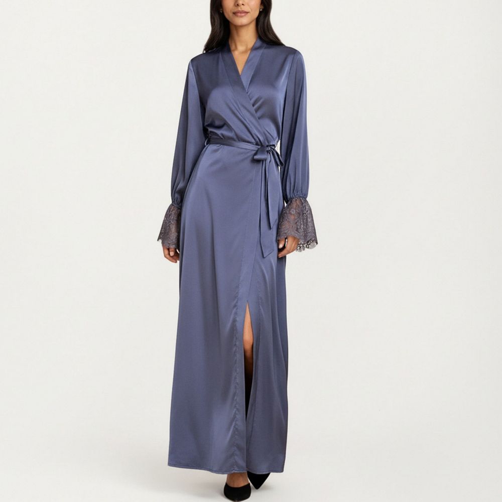 Women's Satin Wrap Robe Dress with Long Sleeves Lace Cuff Detail and ...