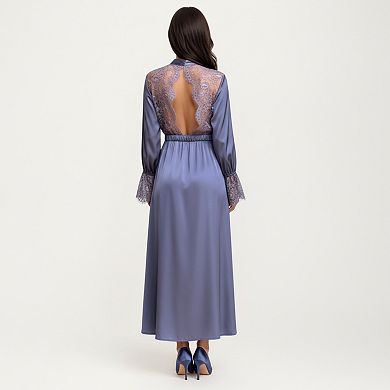 Women's Satin Wrap Robe Dress with Long Sleeves Lace Cuff Detail and Adjustable Tie Waist