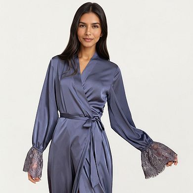 Women's Satin Wrap Robe Dress with Long Sleeves Lace Cuff Detail and Adjustable Tie Waist