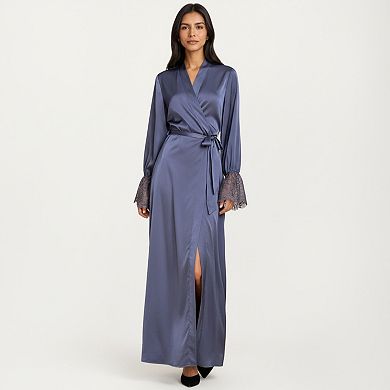 Women's Satin Wrap Robe Dress with Long Sleeves Lace Cuff Detail and Adjustable Tie Waist