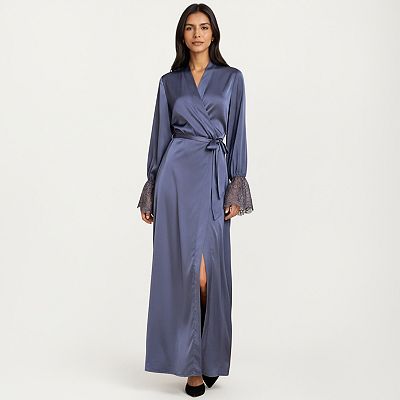 Women's Satin Wrap Robe Dress with Long Sleeves Lace Cuff Detail and  Adjustable Tie Waist