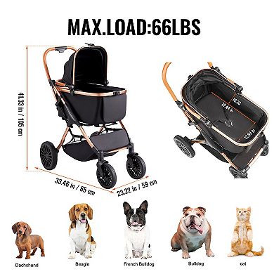 Pet Stroller 4-Wheel Dog Stroller with Brakes Detachable Carrier 66 LB Black