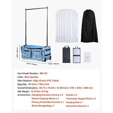 Dance Bag with Garment Rack 29" Rolling Duffel with Privacy Curtain Blue