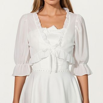 Women's Sheer Ruffle Trim Bolero Top with Puff Sleeves Soft Layered Front Tie Detail