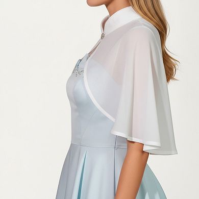 Women's Sheer Chiffon Capelet with Satin Trim Structured Collar and Sparkling Clasp Front