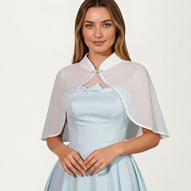 Women's Sheer Chiffon Capelet with Satin Trim Structured Collar and Sparkling Clasp Front