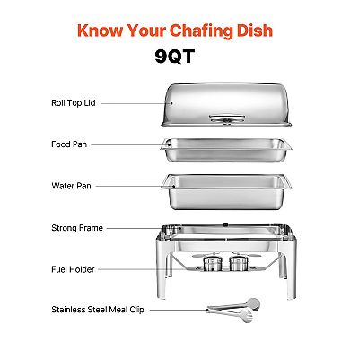 Roll-Top Chafing Dish Set 9 Qt Stainless Steel Rectangular Buffet Server Silver