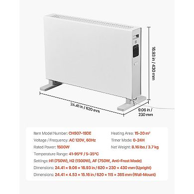Convection Panel Heater 1500W Wall or Stand Mount with Remote 24H Timer