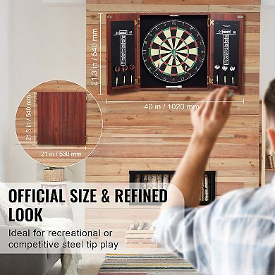 Dartboard and Cabinet Set Official Size Game Bundle with Steel Tip Darts