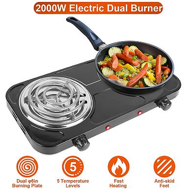 2000W Electric Double Burner Hot Plate, Portable Coil Stove with 5 Temp Settings & Non-Slip Feet