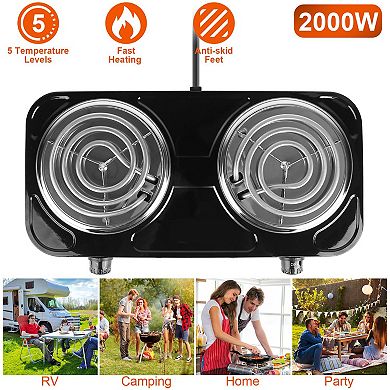 2000W Electric Double Burner Hot Plate, Portable Coil Stove with 5 Temp Settings & Non-Slip Feet