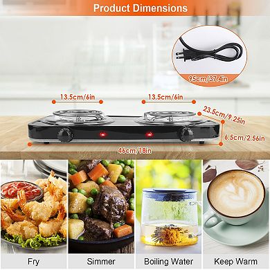 2000W Electric Double Burner Hot Plate, Portable Coil Stove with 5 Temp Settings & Non-Slip Feet