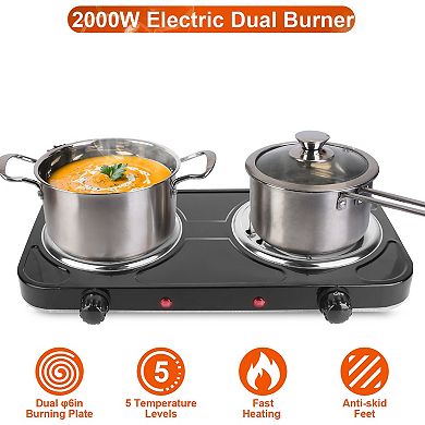 2000W Electric Double Burner Hot Plate, Portable Coil Stove with 5 Temp Settings & Non-Slip Feet