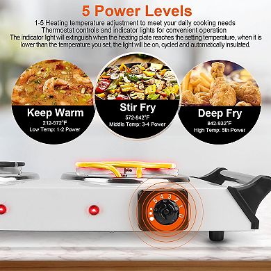 2000W Electric Dual Burner Hot Plate, Portable Coil Stove with 5 Temp Settings & Handles