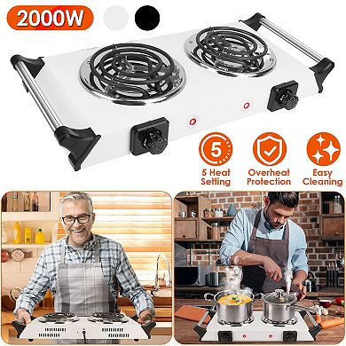 2000W Electric Dual Burner Hot Plate, Portable Coil Stove with 5 Temp Settings & Handles